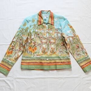 Coldwater Creek Villa Cityscape Blue Retro Linen Jacket Shacket Womens Small